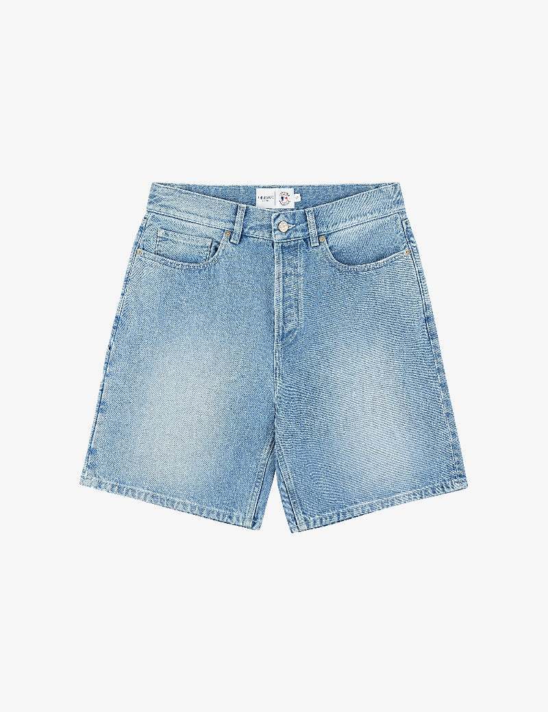 Light blue denim shorts on a white background