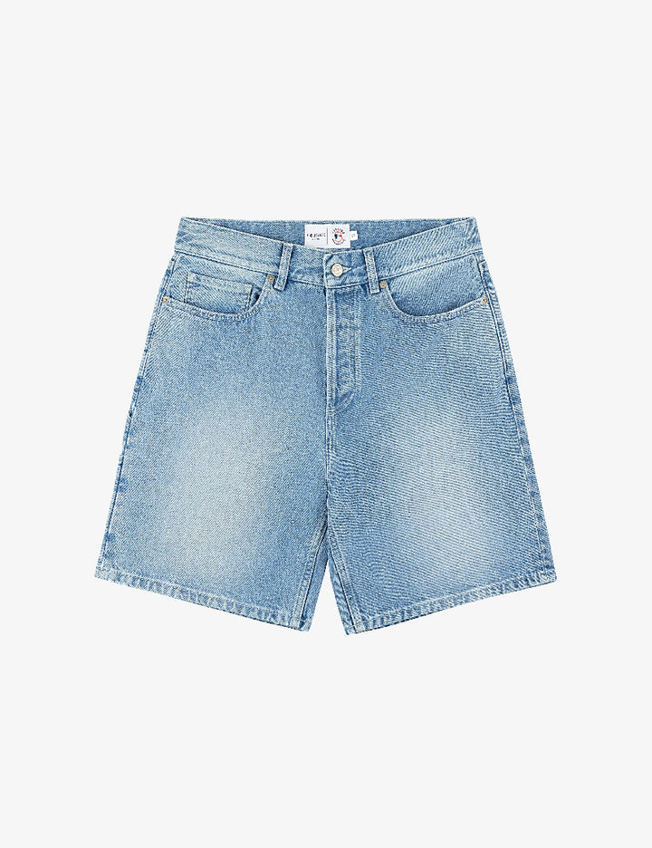 Light blue denim shorts on a white background
