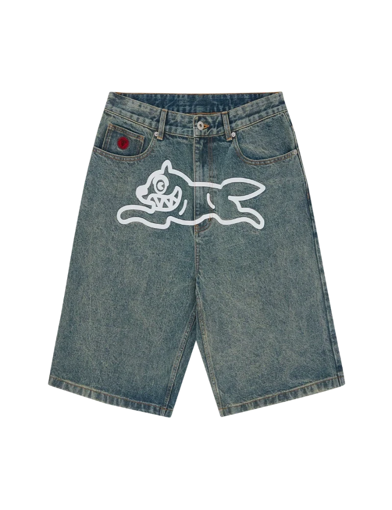 Blue denim shorts with a white graphic design on a white background