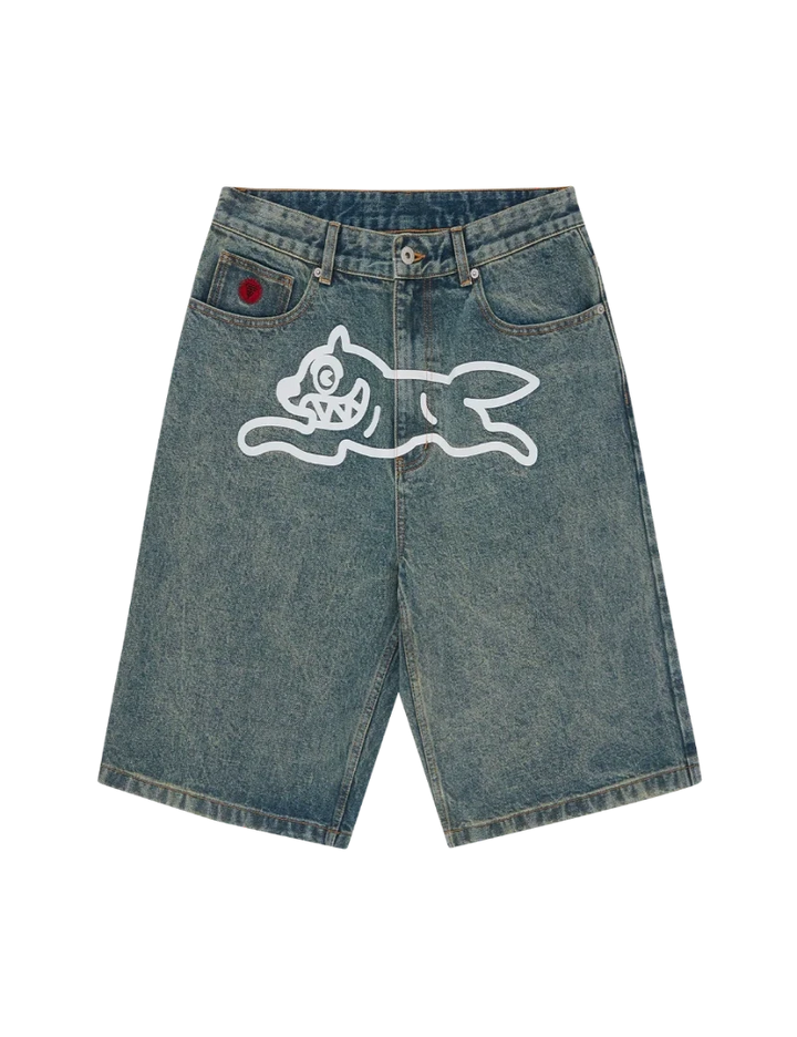 Blue denim shorts with a white graphic design on a white background