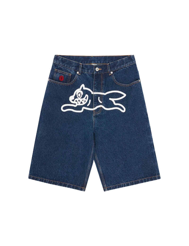 Blue denim shorts with a white graphic of a cat on a white background