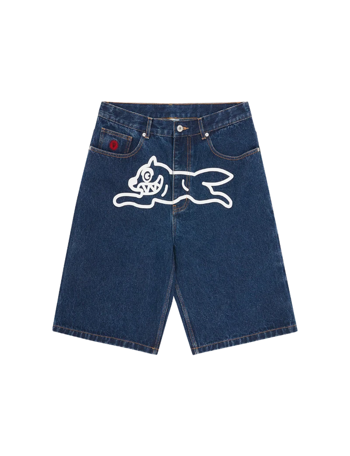 Blue denim shorts with a white graphic of a cat on a white background