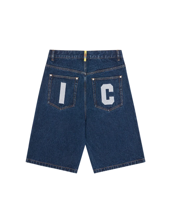 Blue denim shorts with letter 'I' and 'C' on the back pockets against a white background