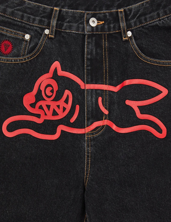 Black denim jeans with red graphic design on the back pocket