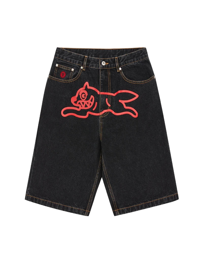 Black denim shorts with a red graphic design on a white background