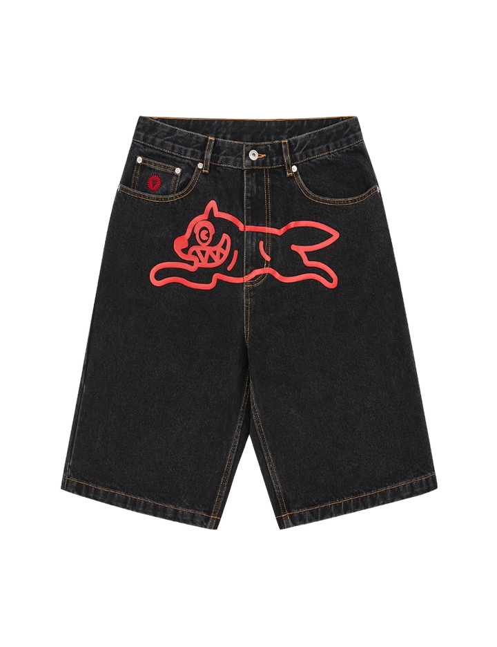 Black denim shorts with a red graphic design on a white background