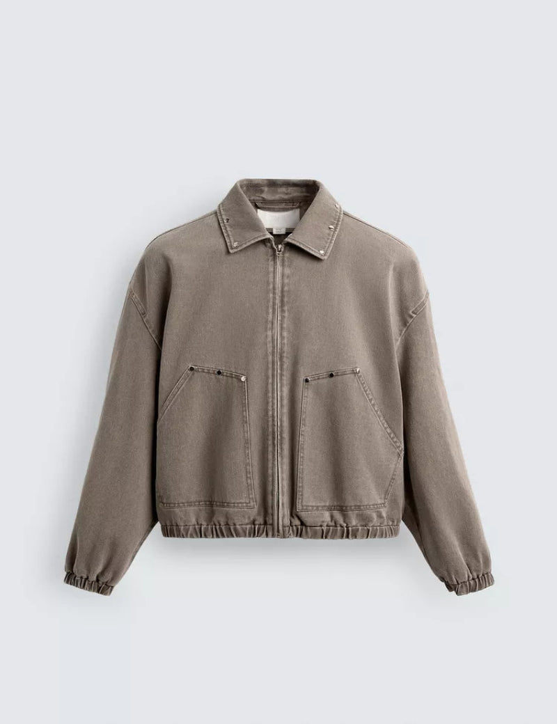 Denim Bomber Jacket with Metal Studs