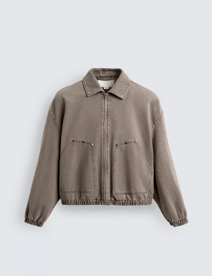 Denim Bomber Jacket with Metal Studs