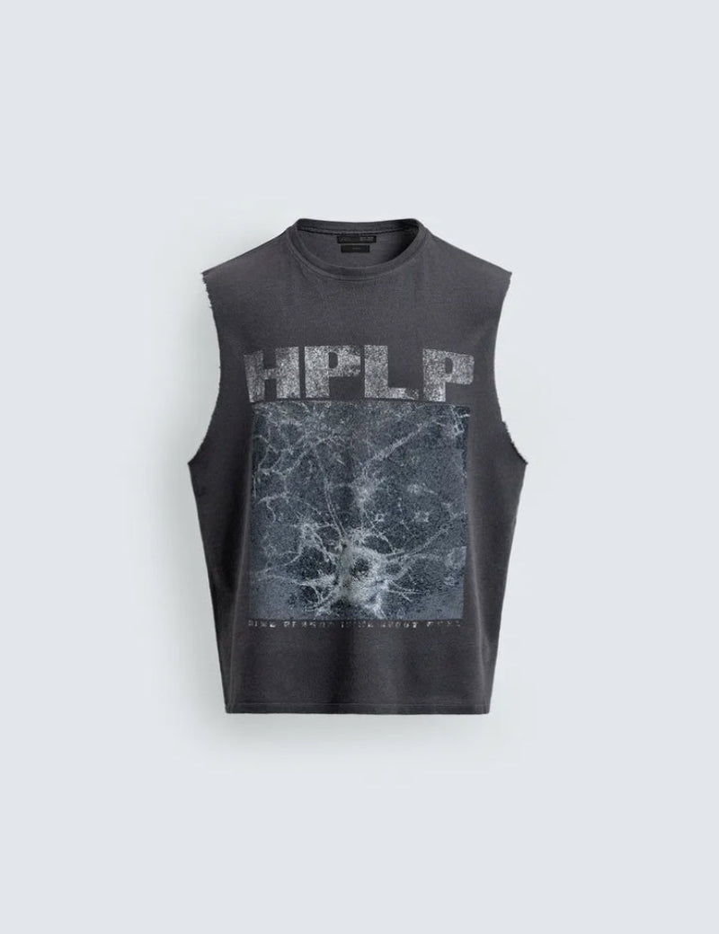 Gray sleeveless shirt with 'HPLP' branding on a light gray background