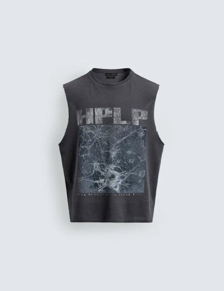 Gray sleeveless shirt with 'HPLP' branding on a light gray background