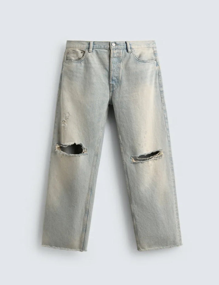 Faded Tint Distressed Straight-Leg Jeans